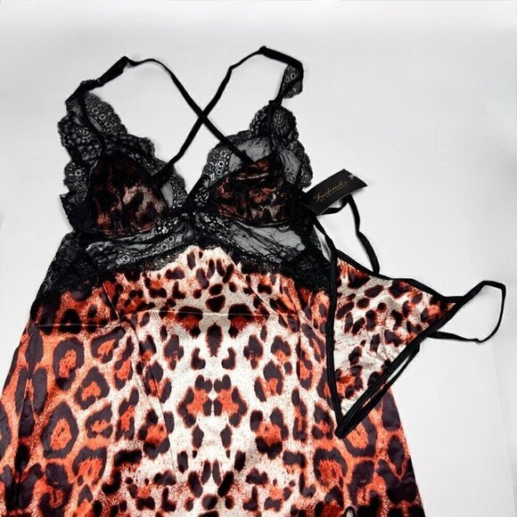 NWT Fredericks of Hollywood Satin Maxi Gown Sz.S Leopard Print Black Lace Sheer - Picture 3 of 10